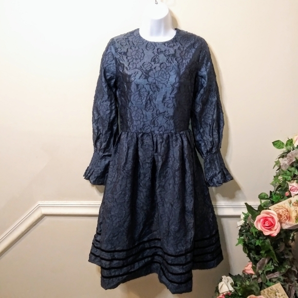 Muse Couture Navy Gothic Style, Rose Patterned Organza Brocade & Velvet Dress - Picture 13 of 13